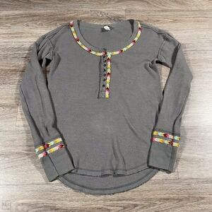 We The Free‎ Free People Women's Top Thermal Henley Long Sleeve Boho  XS Gray